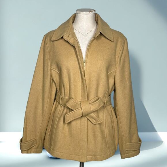 ESPRIT Wool Blend Belted Jacket Collared Coat Camel Sand Preppy Classy Shacket L - Picture 1 of 11
